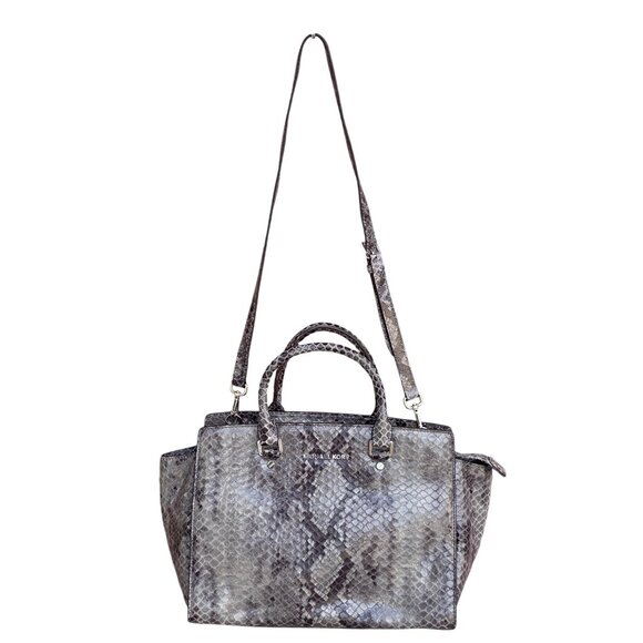 NWT Michael Kors Selma Large Satchel Genuine Leather DK Slate Snake Print New - Picture 3 of 13